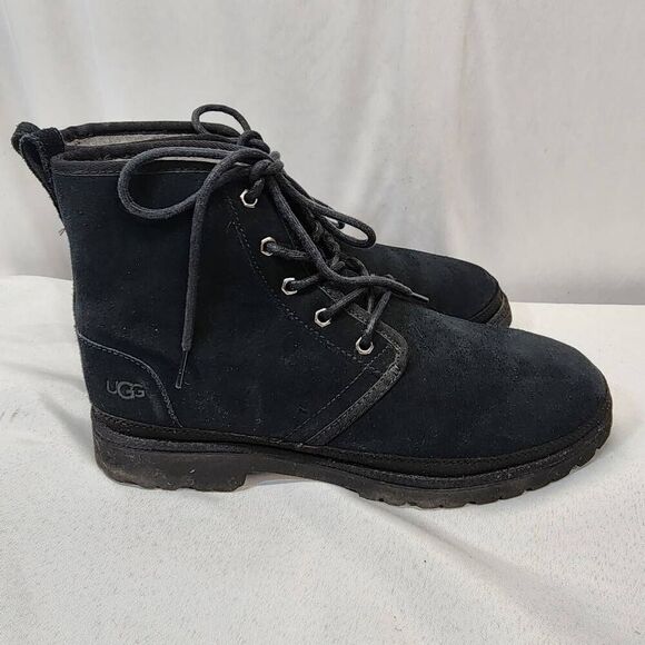 UGG Harkley Black Suede Chukka Ankle Boots Mens US 11 Lace-Up Fleece Lined
